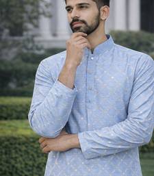 Sky blue color silver and mate sequence embroidery work silk kurta payjama set