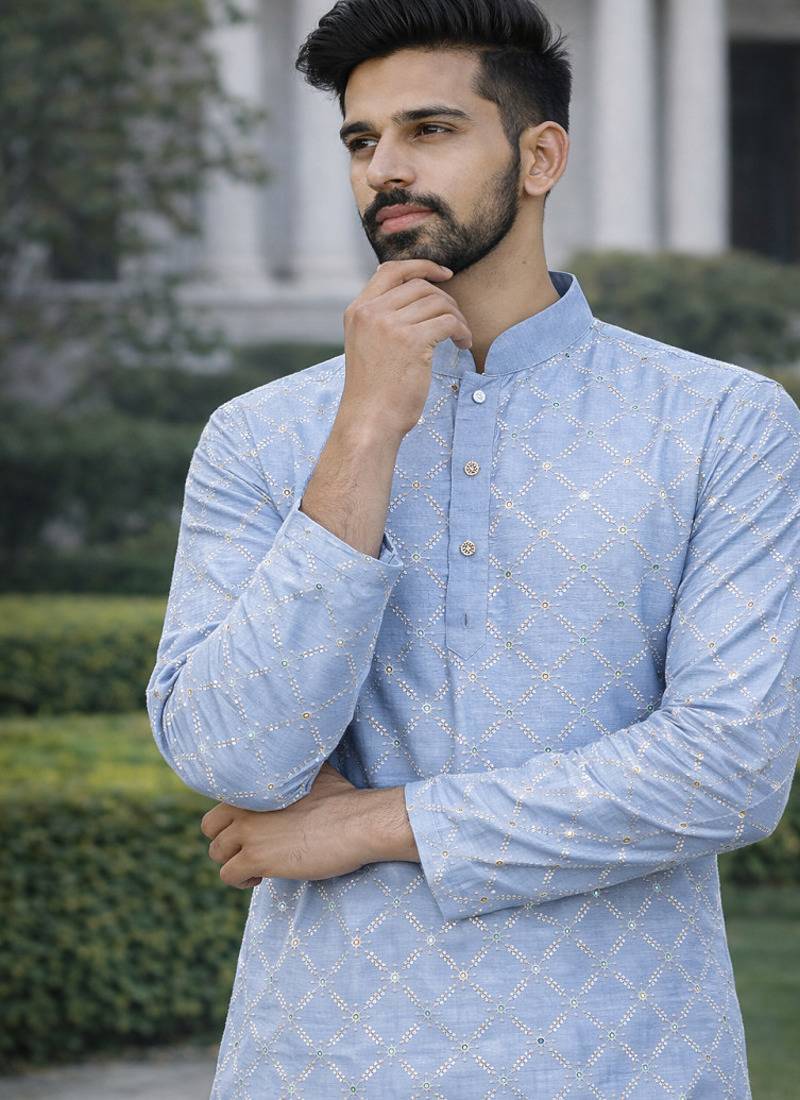 Sky blue color silver and mate sequence embroidery work silk kurta payjama set