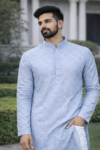 Sky blue color silver and mate sequence embroidery work silk kurta payjama set