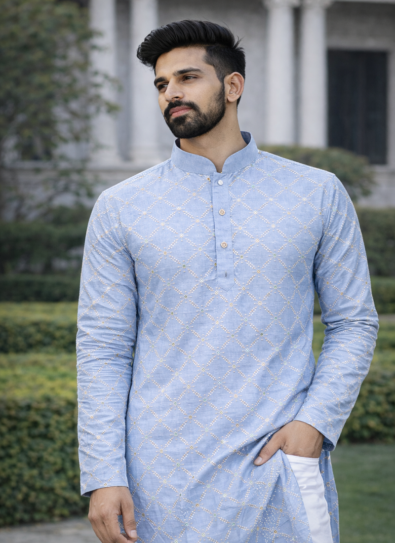 Sky blue color silver and mate sequence embroidery work silk kurta payjama set