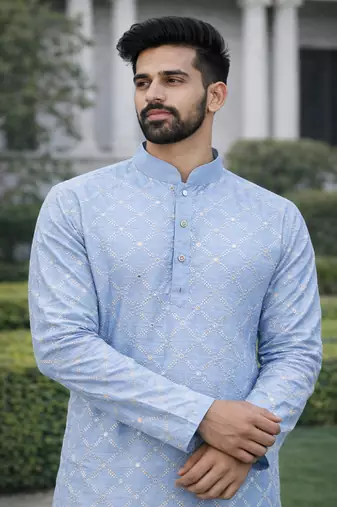 Sky blue color silver and mate sequence embroidery work silk kurta payjama set