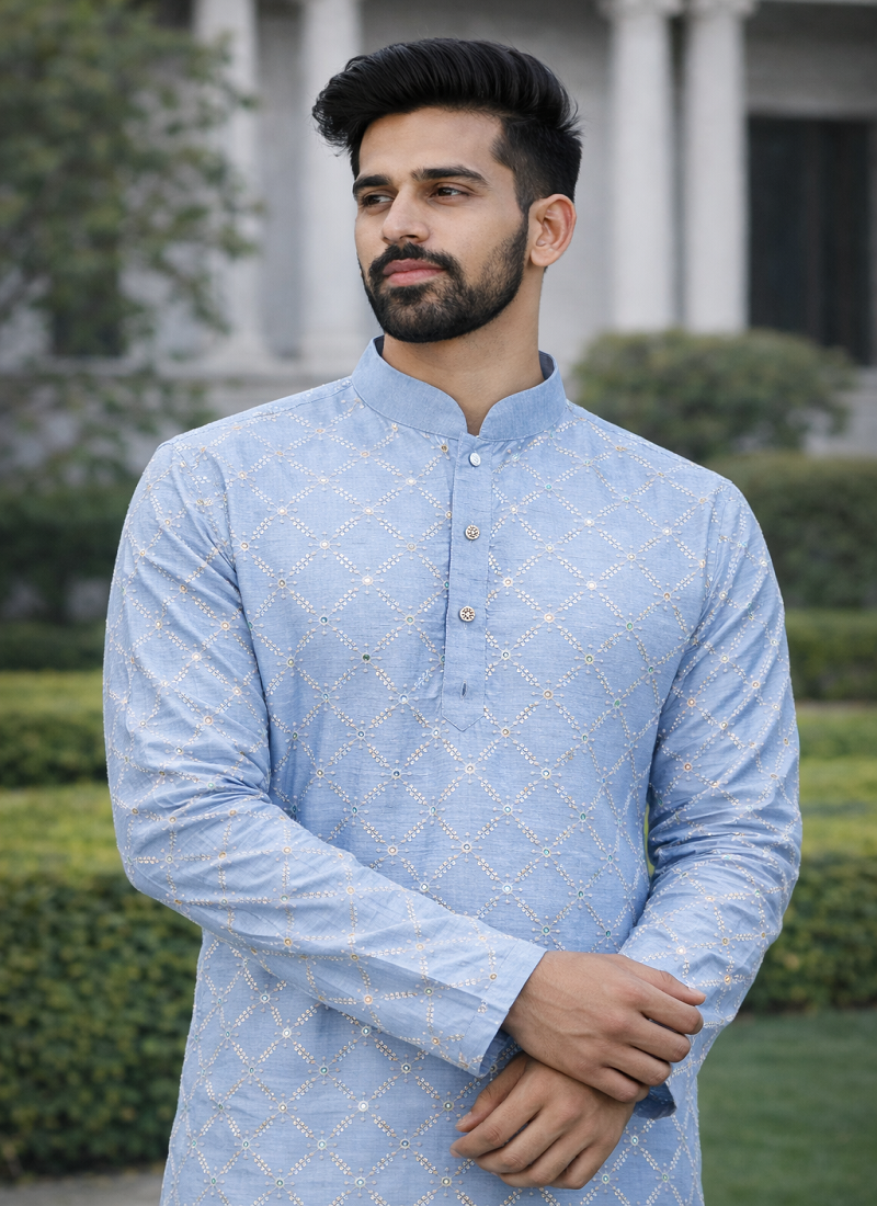 Sky blue color silver and mate sequence embroidery work silk kurta payjama set