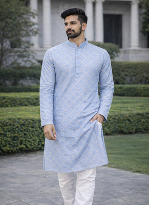Sky blue color silver and mate sequence embroidery work silk kurta payjama set 1