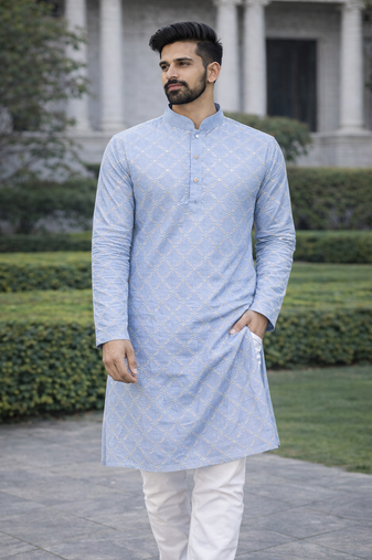 Sky blue color silver and mate sequence embroidery work silk kurta payjama set