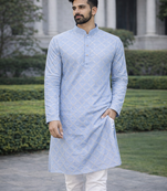 Sky blue color silver and mate sequence embroidery work silk kurta payjama set