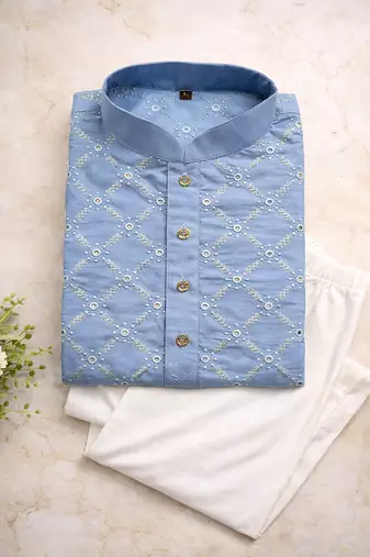 Sky blue color silver and mate sequence embroidery work silk kurta payjama set