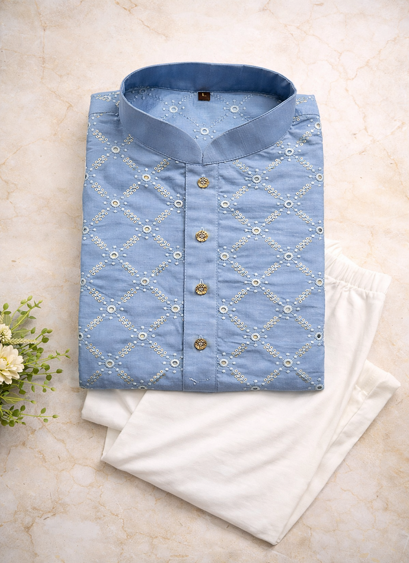 Sky blue color silver and mate sequence embroidery work silk kurta payjama set