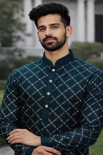 Teal color silver and mate sequence embroidery work silk kurta payjama set