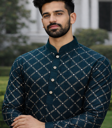 Teal color silver and mate sequence embroidery work silk kurta payjama set