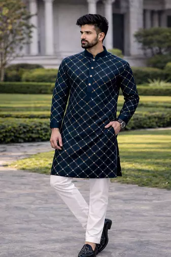 Teal color silver and mate sequence embroidery work silk kurta payjama set