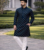 Teal color silver and mate sequence embroidery work silk kurta payjama set