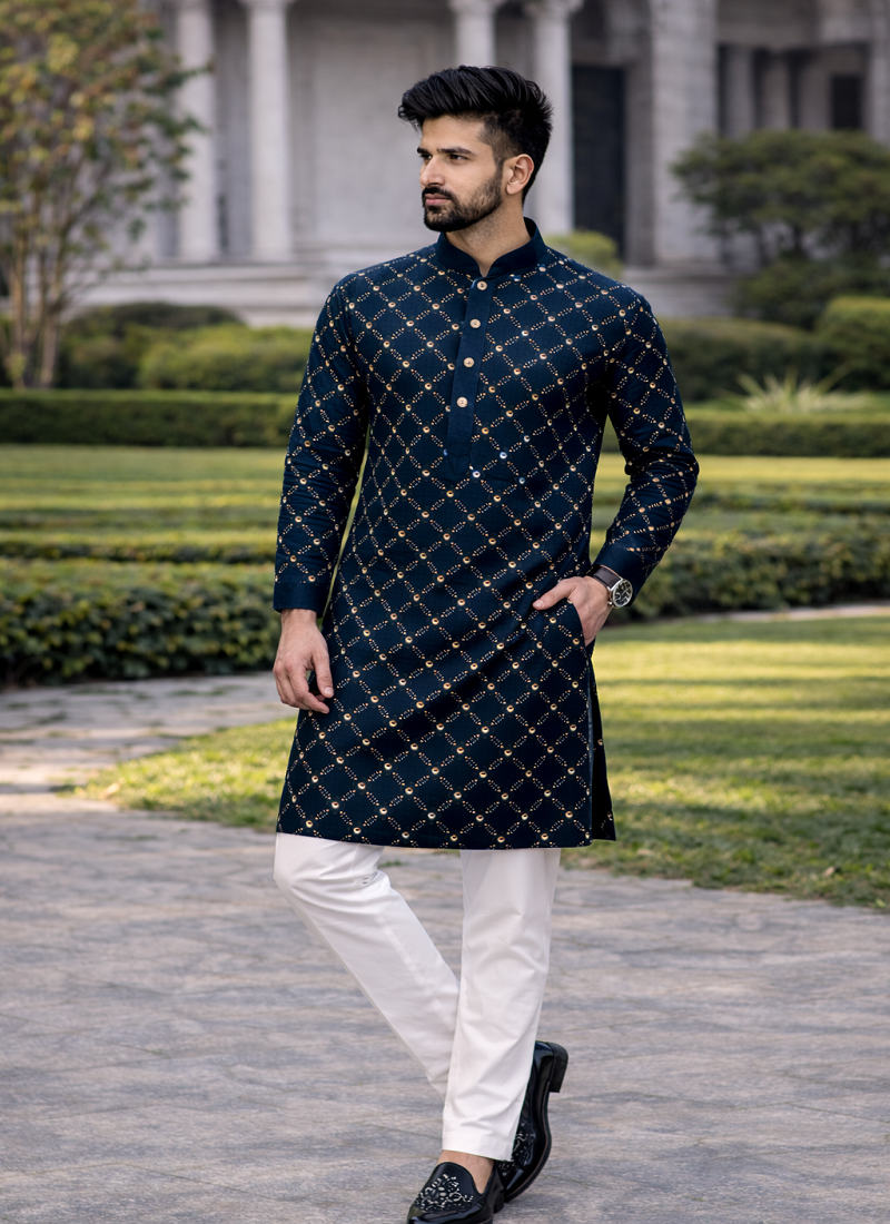 Teal color silver and mate sequence embroidery work silk kurta payjama set