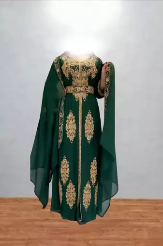 Luxurious Green Kaftan With Gold Work Stitched Dress