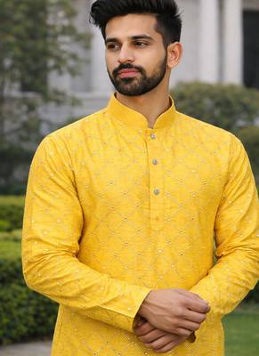 Yellow color silver and mate sequence embroidery work silk kurta payjama set 2