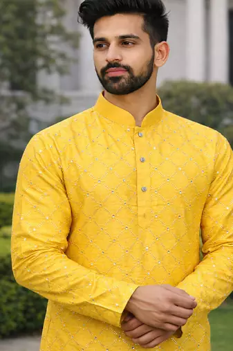 Yellow color silver and mate sequence embroidery work silk kurta payjama set