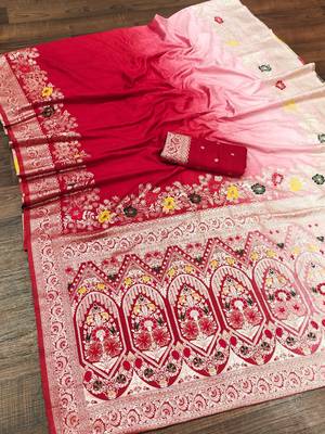 Red Color Zari Weaving Meenakari Border Viscose Dolla Silk Saree 2