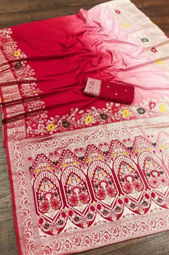 Red Color Zari Weaving Meenakari Border Viscose Dolla Silk Saree