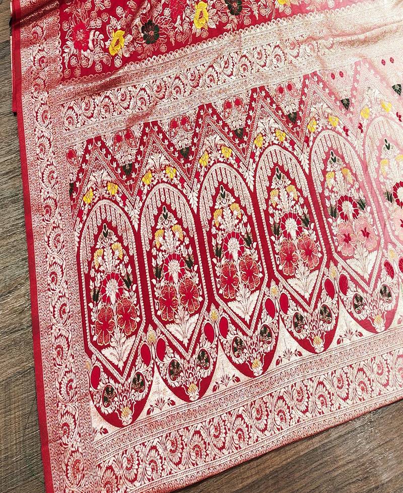 Red Color Zari Weaving Meenakari Border Viscose Dolla Silk Saree