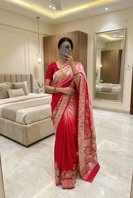 Red Color Zari Weaving Meenakari Border Viscose Dolla Silk Saree 1