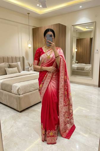 Red Color Zari Weaving Meenakari Border Viscose Dolla Silk Saree