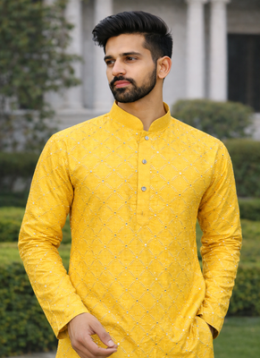 Yellow color silver and mate sequence embroidery work silk kurta payjama set 3