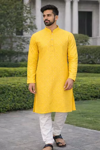 Yellow color silver and mate sequence embroidery work silk kurta payjama set