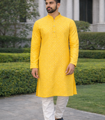 Yellow color silver and mate sequence embroidery work silk kurta payjama set