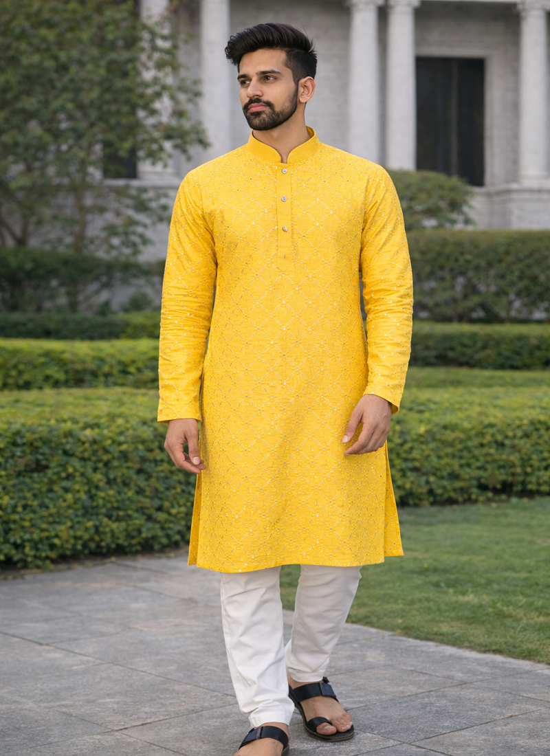 Yellow color silver and mate sequence embroidery work silk kurta payjama set