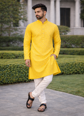 Yellow color silver and mate sequence embroidery work silk kurta payjama set 4