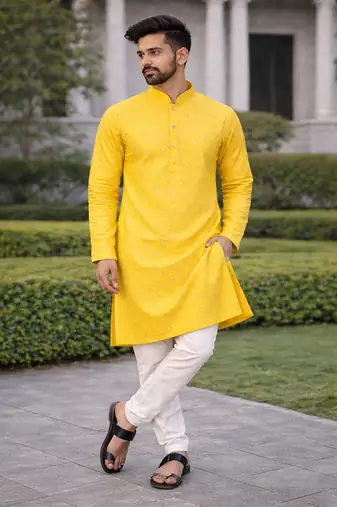 Yellow color silver and mate sequence embroidery work silk kurta payjama set