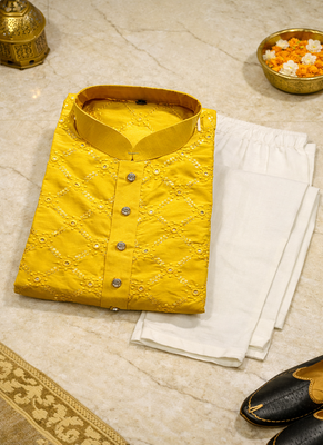 Yellow color silver and mate sequence embroidery work silk kurta payjama set 5