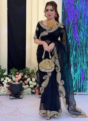 Black color zari thread and sequence embroidered work art silk saree 1