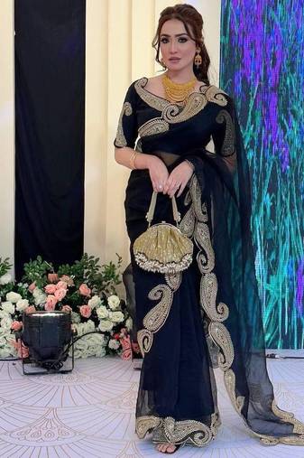 Black color zari thread and sequence embroidered work Silk Saree