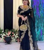 Black color zari thread and sequence embroidered work Silk Saree