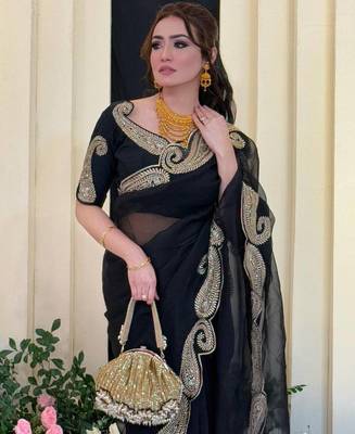 Black color zari thread and sequence embroidered work art silk saree 2