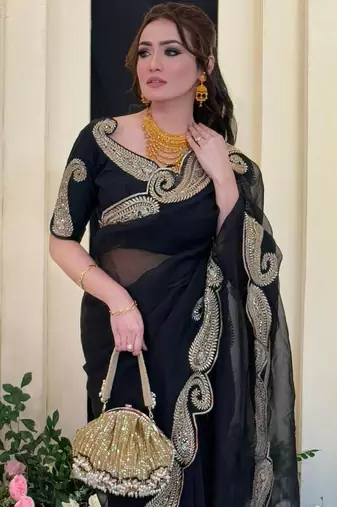 Black color zari thread and sequence embroidered work Silk Saree