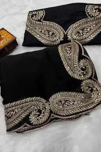 Black color zari thread and sequence embroidered work Silk Saree
