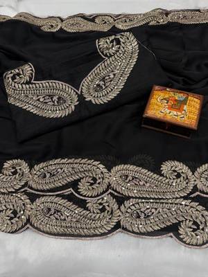 Black color zari thread and sequence embroidered work art silk saree 4