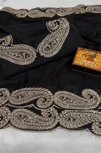 Black color zari thread and sequence embroidered work Silk Saree