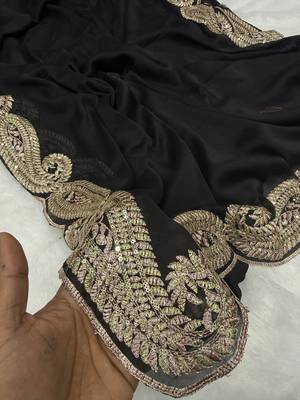 Black color zari thread and sequence embroidered work art silk saree 5