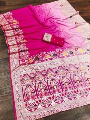 Rani Pink Color Zari Weaving Meenakari Border Viscose Dolla Silk Saree 2