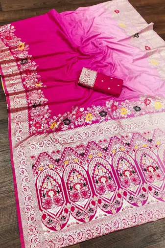 Rani Pink Color Zari Weaving Meenakari Border Viscose Dolla Silk Saree
