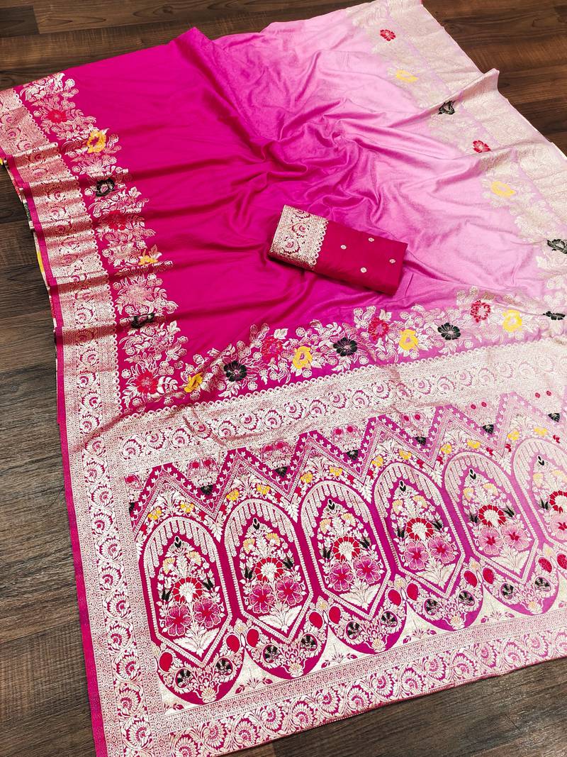 Rani Pink Color Zari Weaving Meenakari Border Viscose Dolla Silk Saree