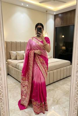 Rani Pink Color Zari Weaving Meenakari Border Viscose Dolla Silk Saree 1
