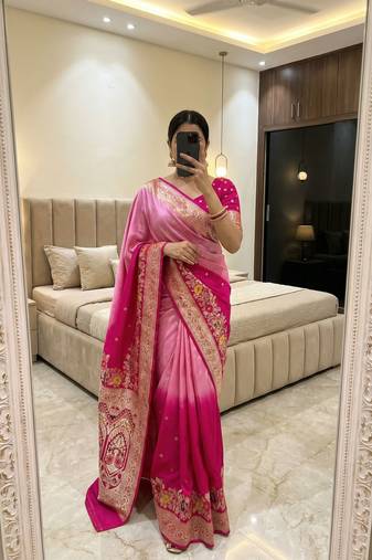 Rani Pink Color Zari Weaving Meenakari Border Viscose Dolla Silk Saree