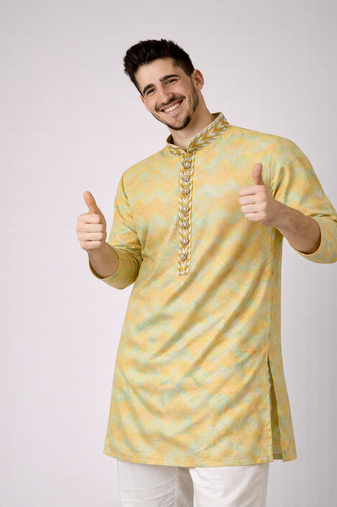 Beige color jaquard weaving work jaquard silk kurta payjama set