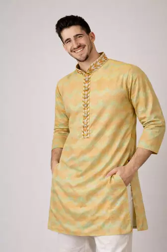 Beige color jaquard weaving work jaquard silk kurta payjama set