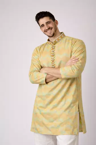 Beige color jaquard weaving work jaquard silk kurta payjama set