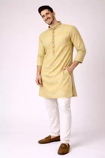 Beige color jaquard weaving work jaquard silk kurta payjama set