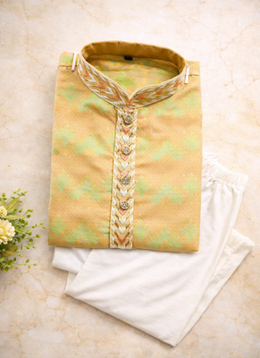 Beige color jaquard weaving work jaquard silk kurta payjama set 5